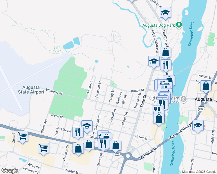 map of restaurants, bars, coffee shops, grocery stores, and more near 18 Spring Street in Augusta