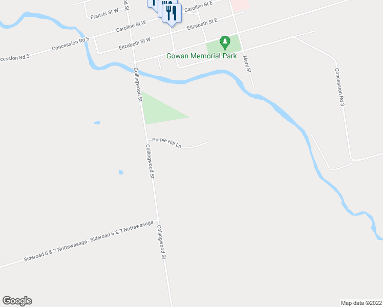map of restaurants, bars, coffee shops, grocery stores, and more near 9 Purple Hill Lane in Creemore