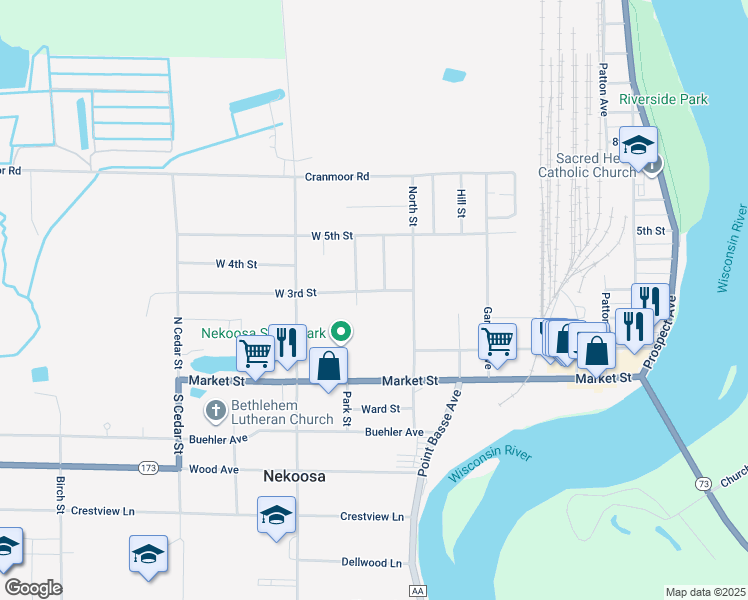 map of restaurants, bars, coffee shops, grocery stores, and more near 915 West 3rd Street in Nekoosa