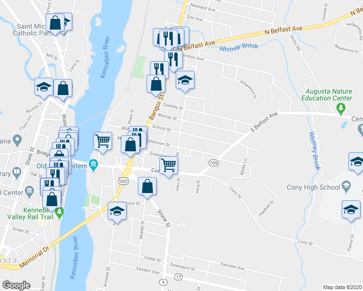 map of restaurants, bars, coffee shops, grocery stores, and more near 23 Pearl Street in Augusta