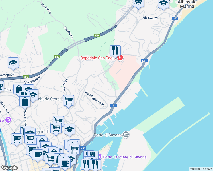 map of restaurants, bars, coffee shops, grocery stores, and more near 4/8 Via Privata Vistamare in Savona