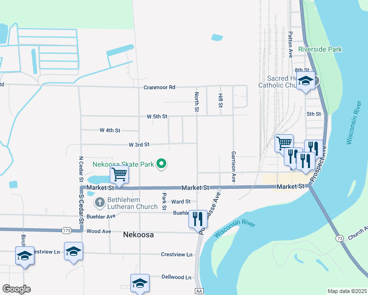 map of restaurants, bars, coffee shops, grocery stores, and more near 915 West 3rd Street in Nekoosa