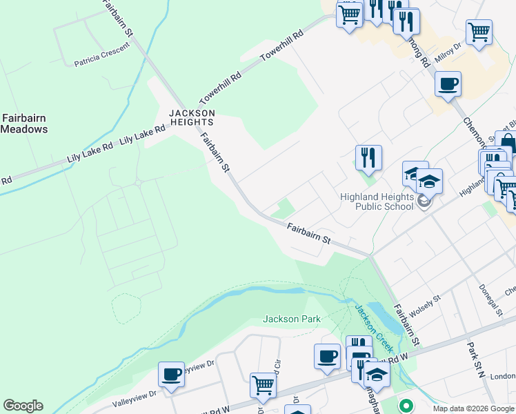 map of restaurants, bars, coffee shops, grocery stores, and more near 902 Fairbairn Street in Peterborough