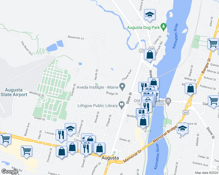 map of restaurants, bars, coffee shops, grocery stores, and more near 85 Bridge Street in Augusta