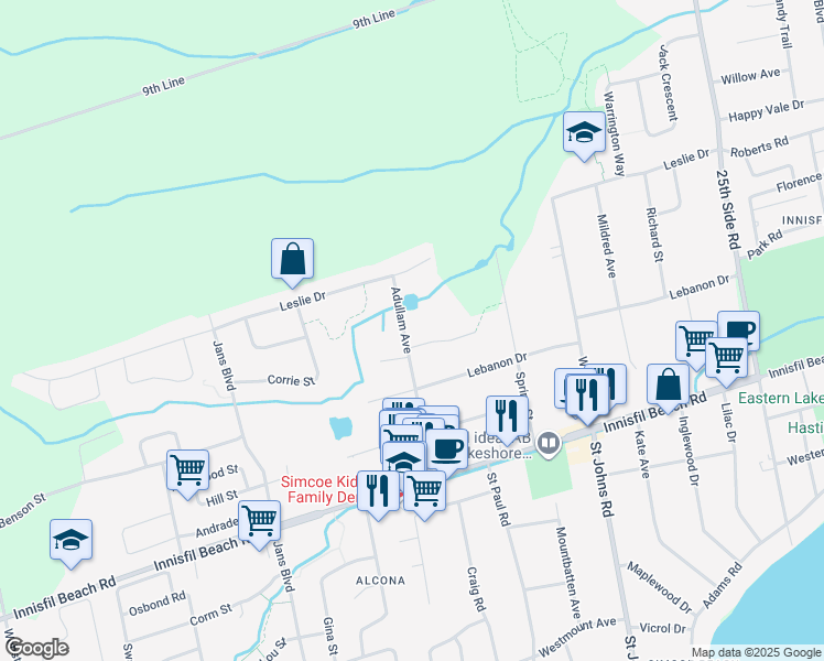 map of restaurants, bars, coffee shops, grocery stores, and more near 2207 Adullam Avenue in Innisfil