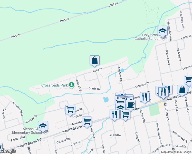 map of restaurants, bars, coffee shops, grocery stores, and more near 1082 Kensington Street in Innisfil