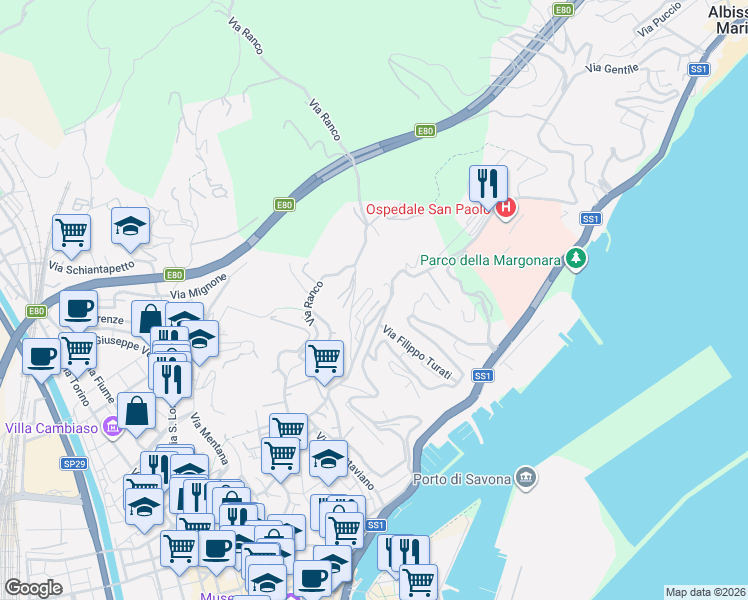 map of restaurants, bars, coffee shops, grocery stores, and more near 7 Via Visca Angelo in Savona