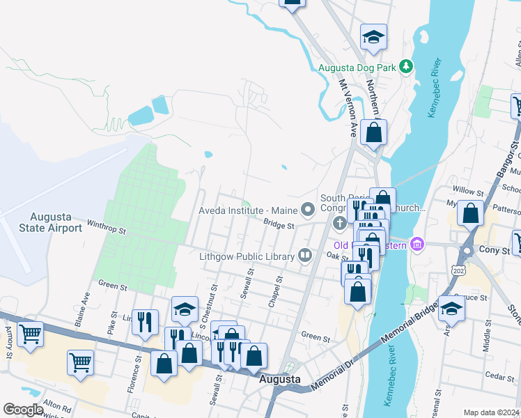 map of restaurants, bars, coffee shops, grocery stores, and more near 85 Bridge Street in Augusta