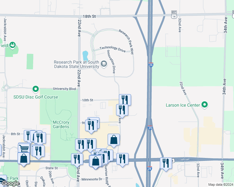 map of restaurants, bars, coffee shops, grocery stores, and more near 2409 10th Street in Brookings