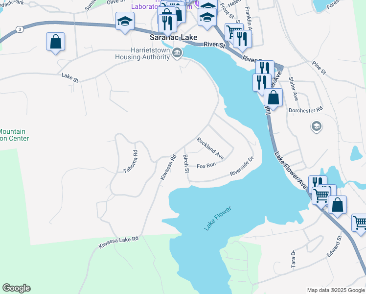 map of restaurants, bars, coffee shops, grocery stores, and more near Kiwassa Road in Saranac Lake