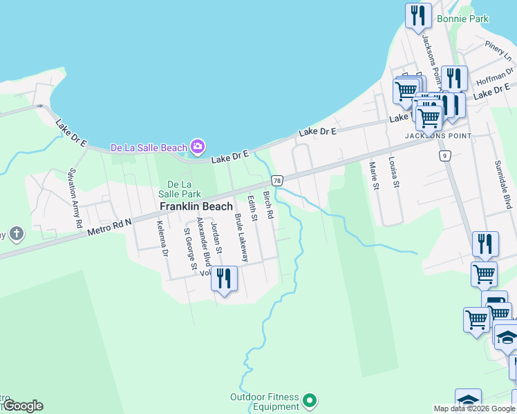 map of restaurants, bars, coffee shops, grocery stores, and more near 65 Edith Street in Georgina