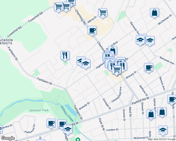 map of restaurants, bars, coffee shops, grocery stores, and more near 412 Highland Road in Peterborough