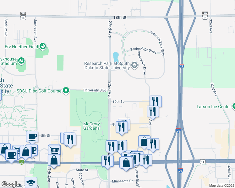 map of restaurants, bars, coffee shops, grocery stores, and more near 2232 10th Street in Brookings