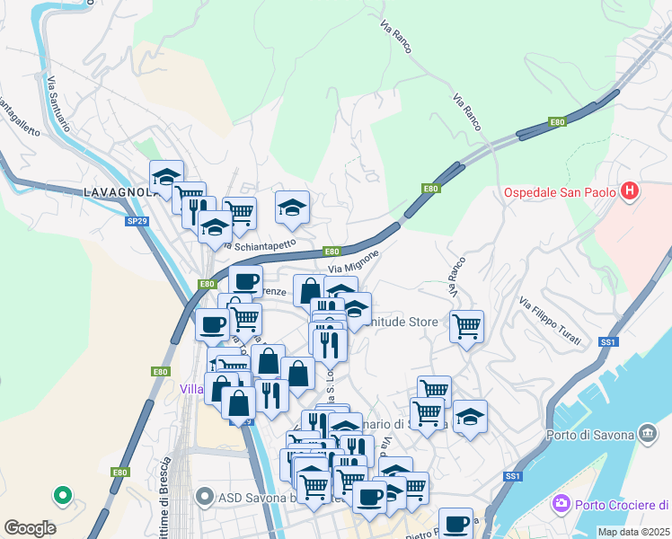 map of restaurants, bars, coffee shops, grocery stores, and more near Via Giobatta Cassinis in Savona