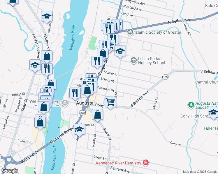 map of restaurants, bars, coffee shops, grocery stores, and more near 14 Gannett Street in Augusta
