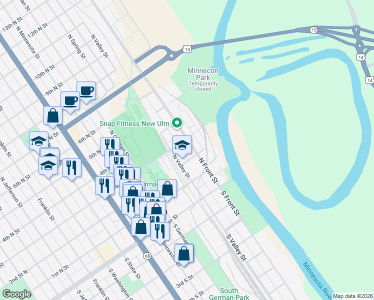 map of restaurants, bars, coffee shops, grocery stores, and more near 208 North Valley Street in New Ulm