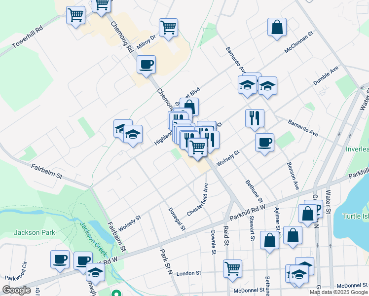 map of restaurants, bars, coffee shops, grocery stores, and more near 852 Chemong Road in Peterborough