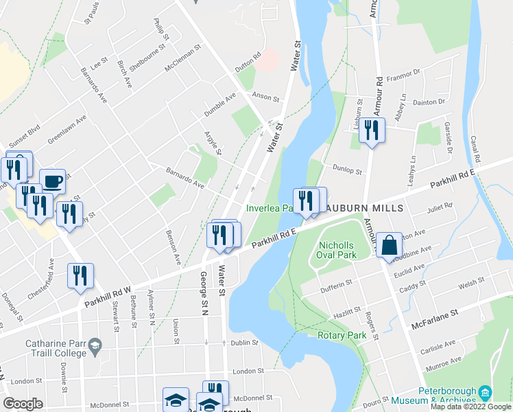 map of restaurants, bars, coffee shops, grocery stores, and more near Inverlea Street in Peterborough