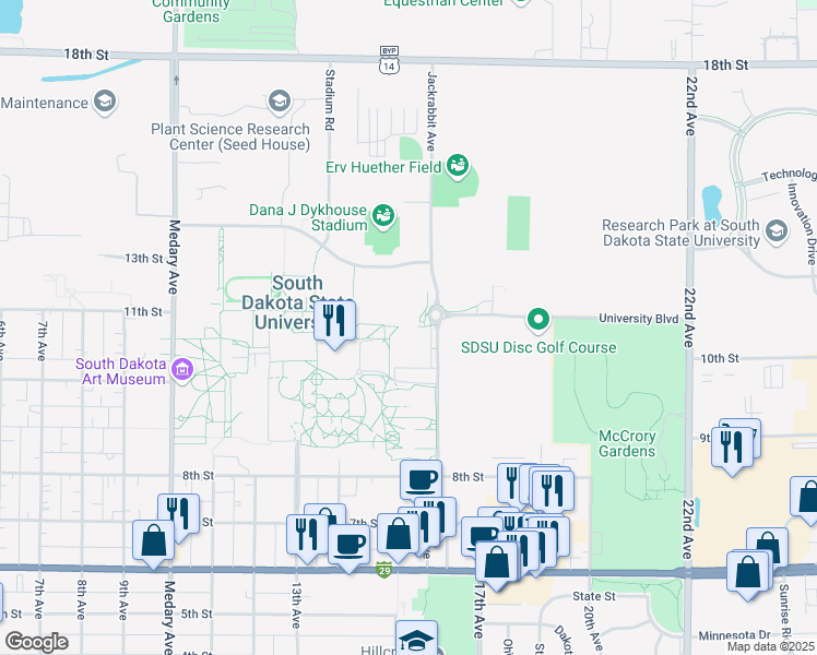 map of restaurants, bars, coffee shops, grocery stores, and more near 1165 Jackrabbit Avenue in Brookings