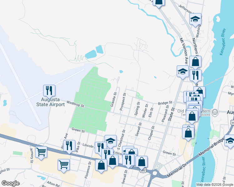 map of restaurants, bars, coffee shops, grocery stores, and more near 30 High Street in Augusta