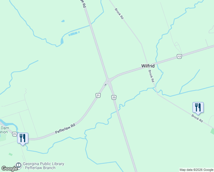 map of restaurants, bars, coffee shops, grocery stores, and more near 21025 Lake Ridge Road in Regional Municipality of Durham