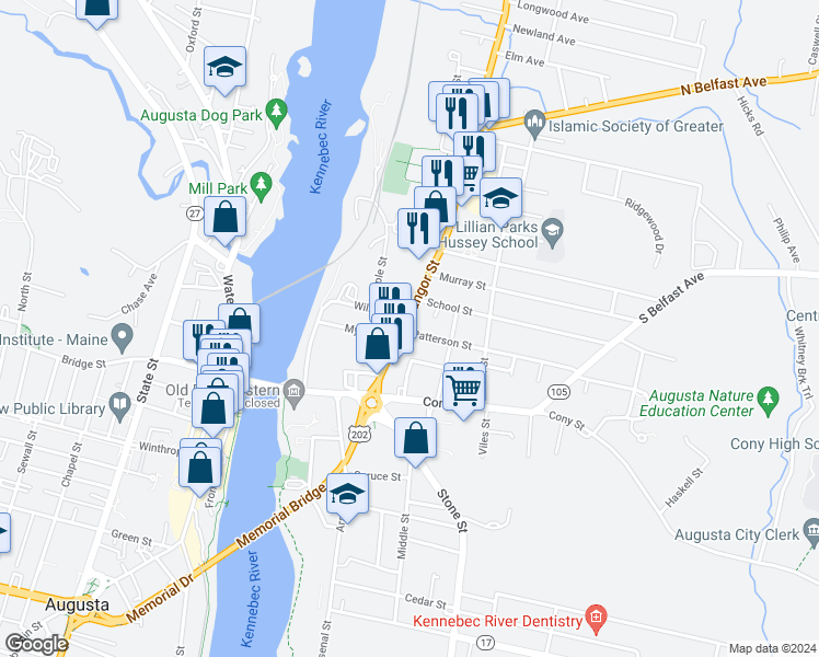 map of restaurants, bars, coffee shops, grocery stores, and more near 25 Bangor Street in Augusta