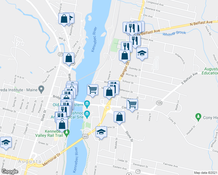 map of restaurants, bars, coffee shops, grocery stores, and more near 21 Myrtle Street in Augusta