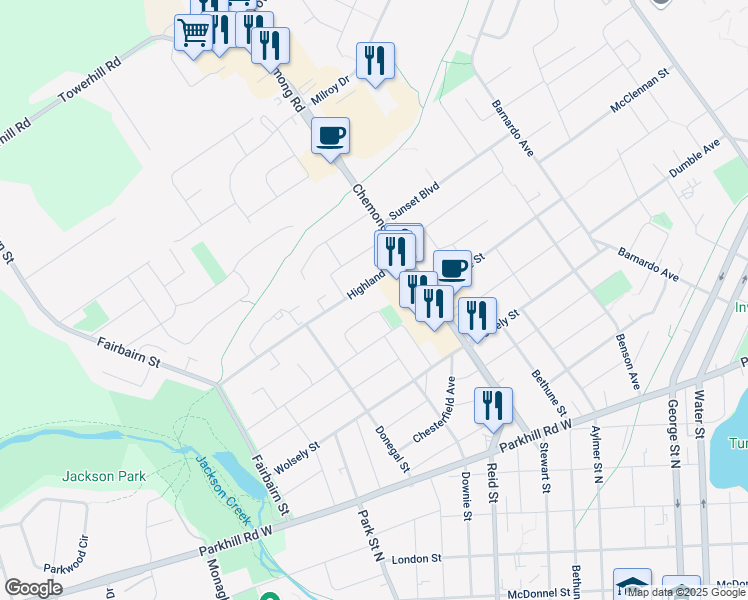 map of restaurants, bars, coffee shops, grocery stores, and more near in Peterborough