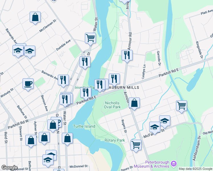 map of restaurants, bars, coffee shops, grocery stores, and more near 54 Auburn Street in Peterborough
