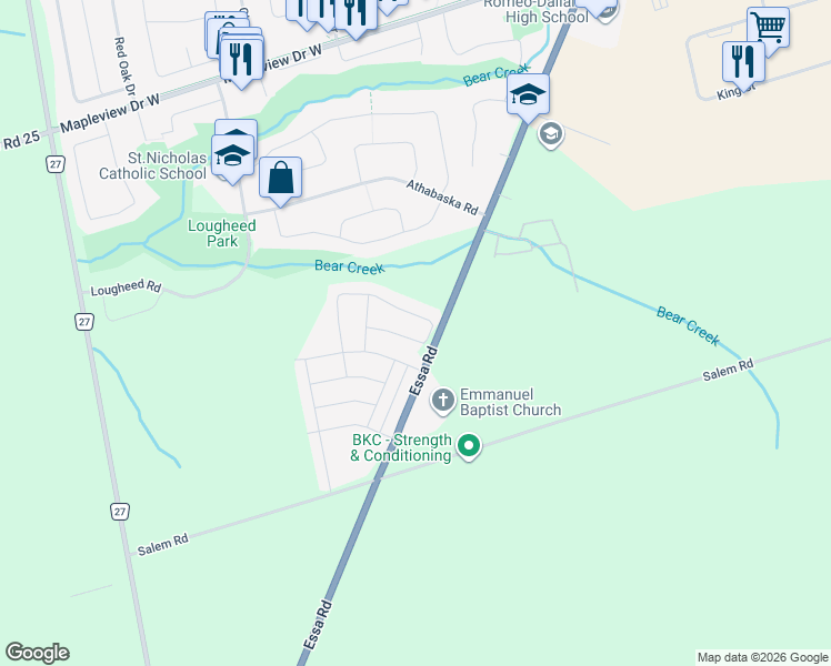 map of restaurants, bars, coffee shops, grocery stores, and more near 160 Franklin Trail in Barrie