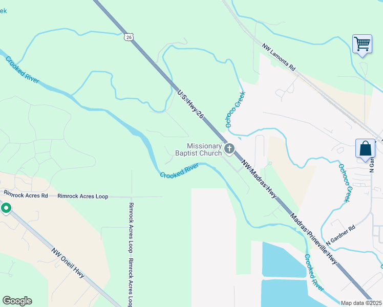 map of restaurants, bars, coffee shops, grocery stores, and more near 2935 Ponderosa Lane in Prineville