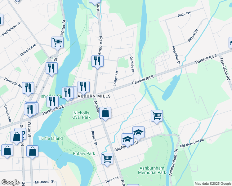 map of restaurants, bars, coffee shops, grocery stores, and more near 280 Parkhill Road East in Peterborough