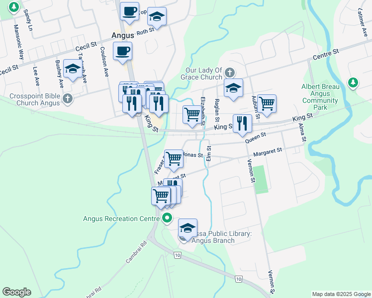 map of restaurants, bars, coffee shops, grocery stores, and more near 58 Queen Street in Angus