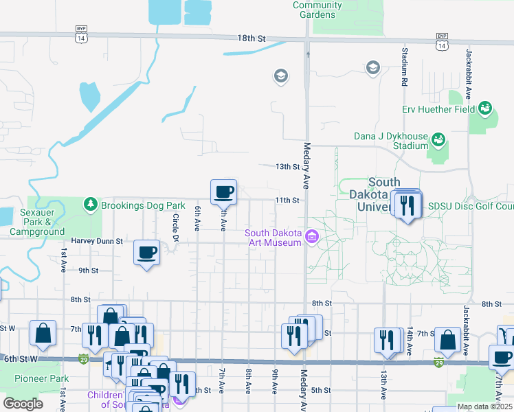 map of restaurants, bars, coffee shops, grocery stores, and more near 701-799 11th Street in Brookings
