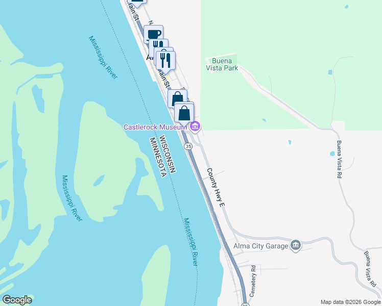 map of restaurants, bars, coffee shops, grocery stores, and more near 301 South Main Street in Alma