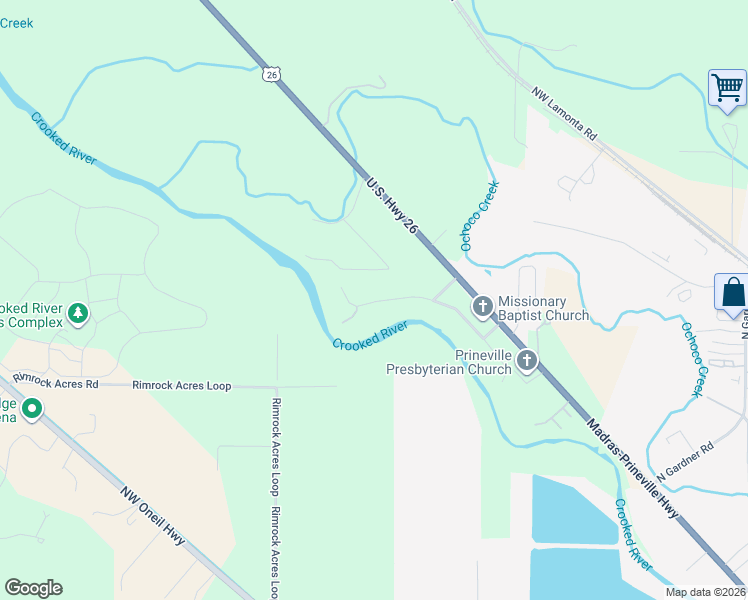 map of restaurants, bars, coffee shops, grocery stores, and more near 2935 Ponderosa Lane in Prineville