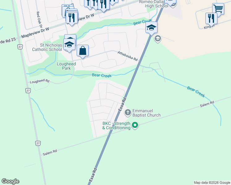 map of restaurants, bars, coffee shops, grocery stores, and more near 164 Franklin Trail in Barrie