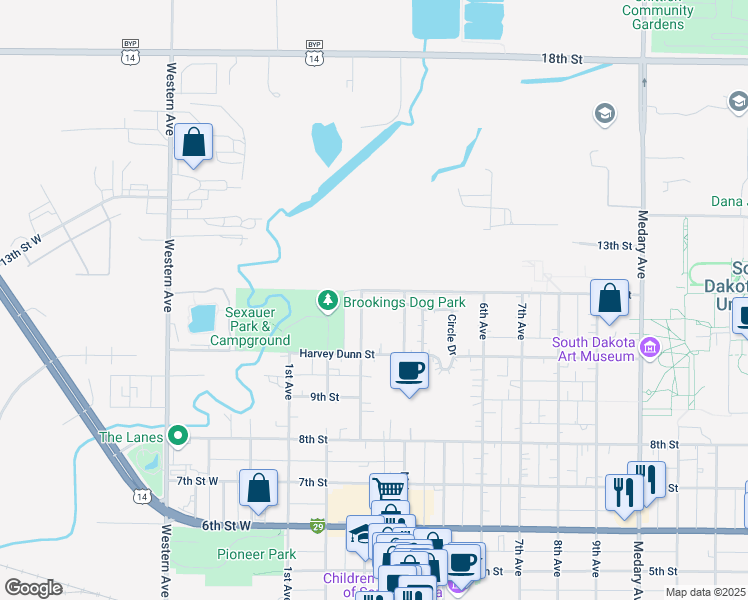 map of restaurants, bars, coffee shops, grocery stores, and more near 300-398 11th Street in Brookings