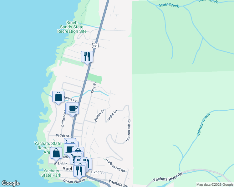 map of restaurants, bars, coffee shops, grocery stores, and more near 509 Creekside Lane in Yachats