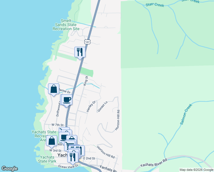 map of restaurants, bars, coffee shops, grocery stores, and more near 509 Creekside Lane in Yachats