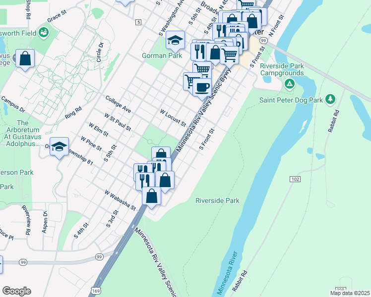map of restaurants, bars, coffee shops, grocery stores, and more near 903 South Minnesota Avenue in Saint Peter