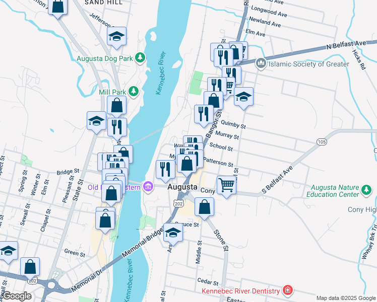 map of restaurants, bars, coffee shops, grocery stores, and more near 2 Maple Street in Augusta