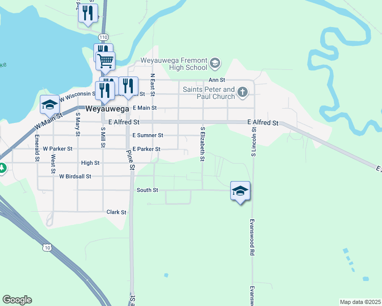 map of restaurants, bars, coffee shops, grocery stores, and more near 307 South Elizabeth Street in Weyauwega