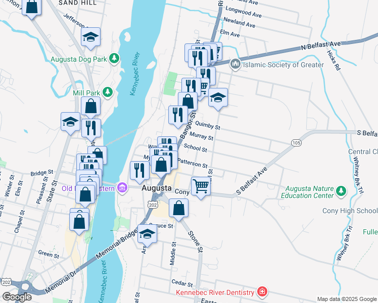 map of restaurants, bars, coffee shops, grocery stores, and more near 2 School Street Place in Augusta
