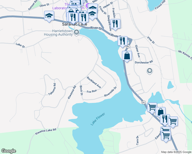 map of restaurants, bars, coffee shops, grocery stores, and more near 24 Maryland Avenue in Saranac Lake