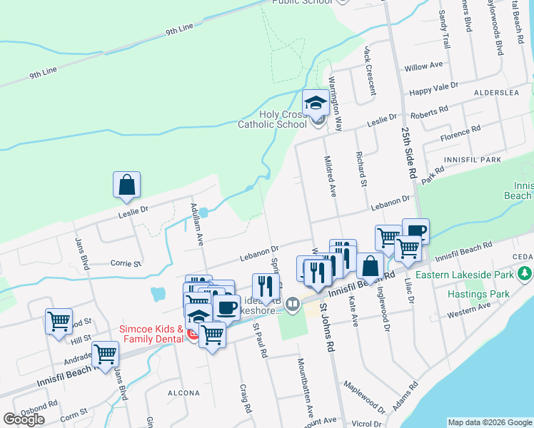 map of restaurants, bars, coffee shops, grocery stores, and more near 2203 Spring Street in Innisfil