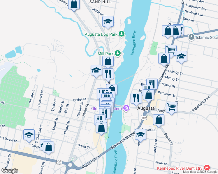 map of restaurants, bars, coffee shops, grocery stores, and more near 98 Water Street in Augusta