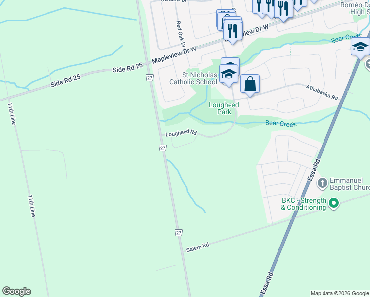 map of restaurants, bars, coffee shops, grocery stores, and more near 24 Selkirk Crescent in Barrie