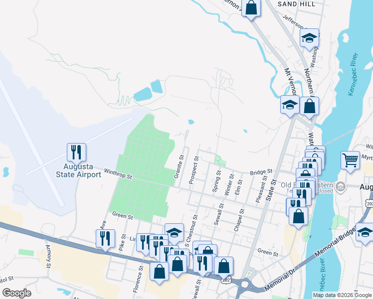 map of restaurants, bars, coffee shops, grocery stores, and more near 30 High Street in Augusta