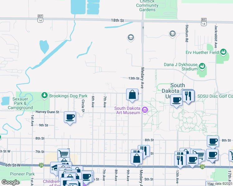 map of restaurants, bars, coffee shops, grocery stores, and more near 799 11th Street in Brookings